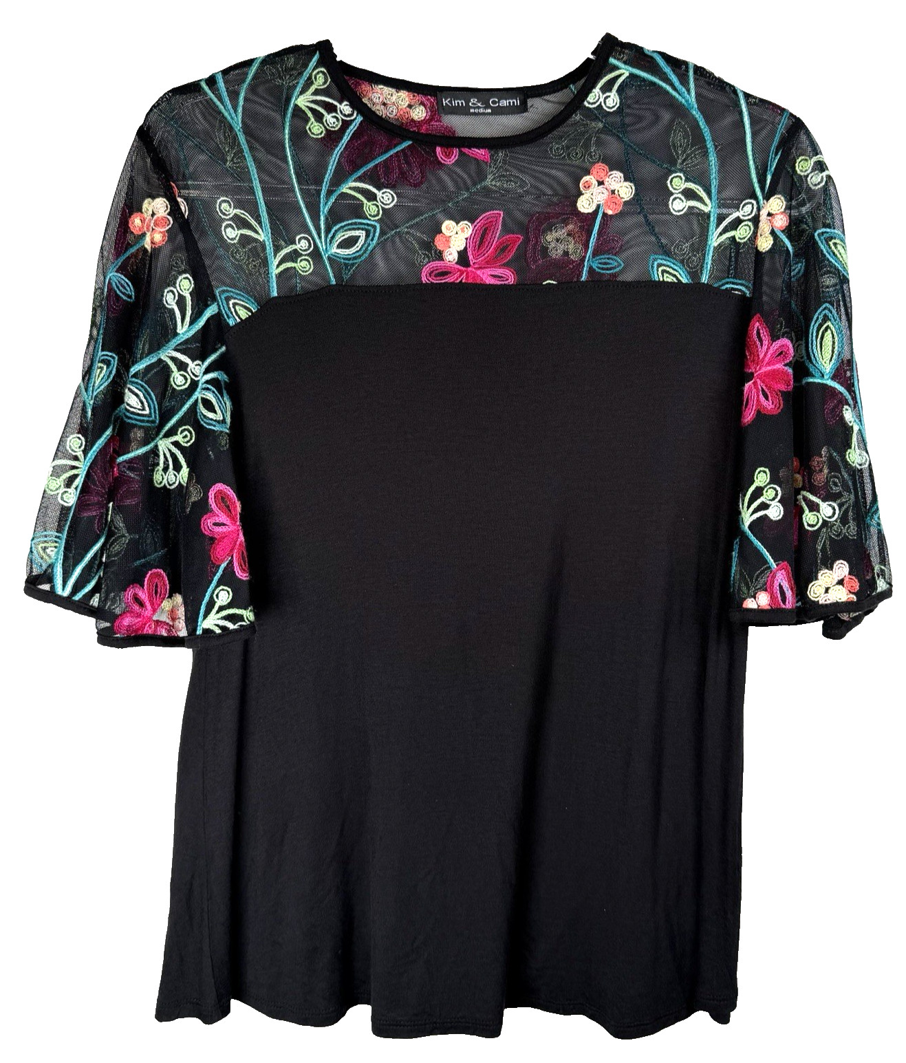 KIM & CAMI Black Cottagecore Boho Fairy Grunge Floral Embroidery Womens Top M