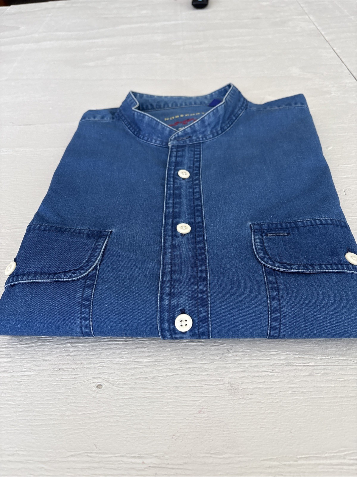 Norsport Men’s Band Collar Blue Denim Cotton Shirt Sz XL