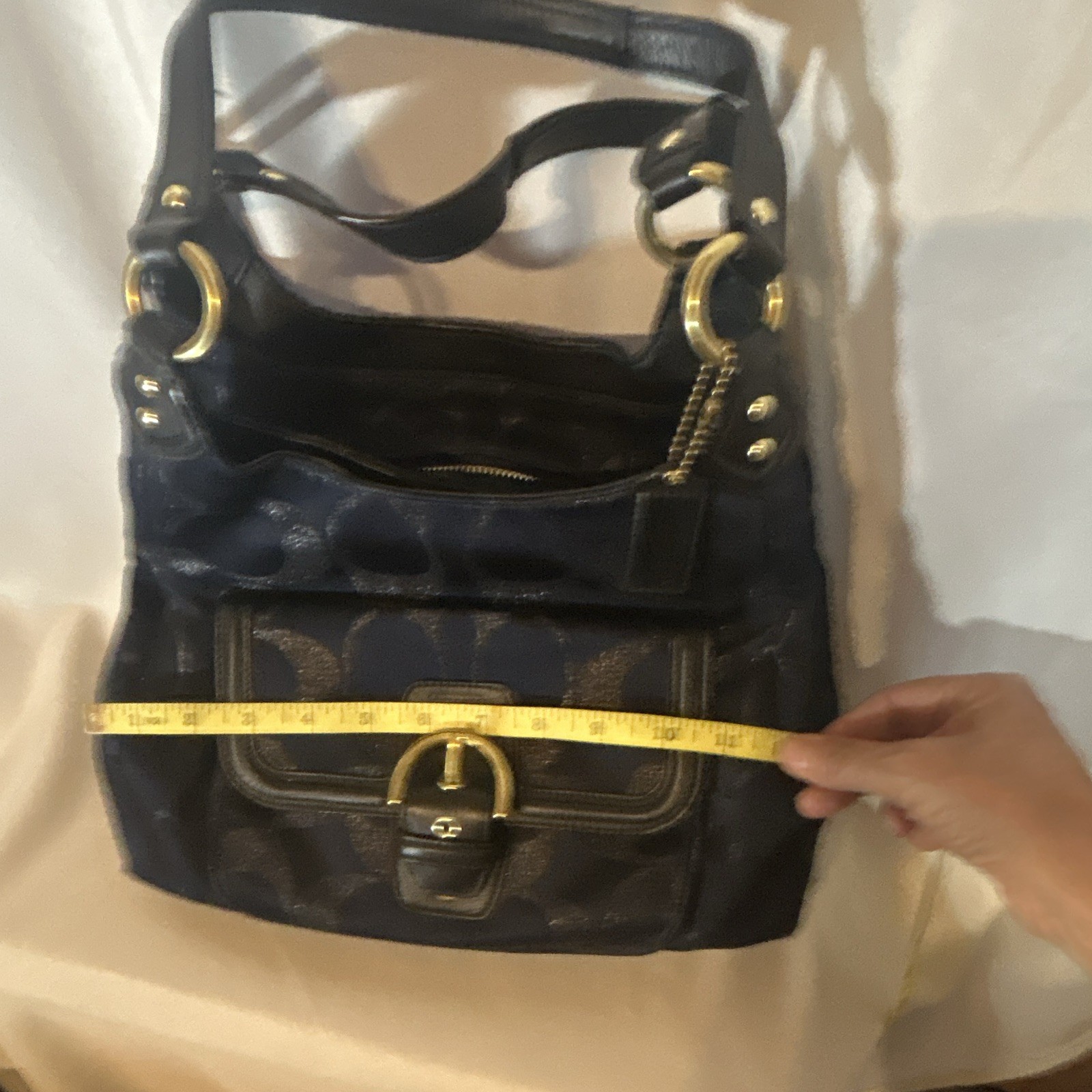 Coach Navy/Black Signature Logo Hobo Shoulder Bag Zip + Buckle Gold Pockets
