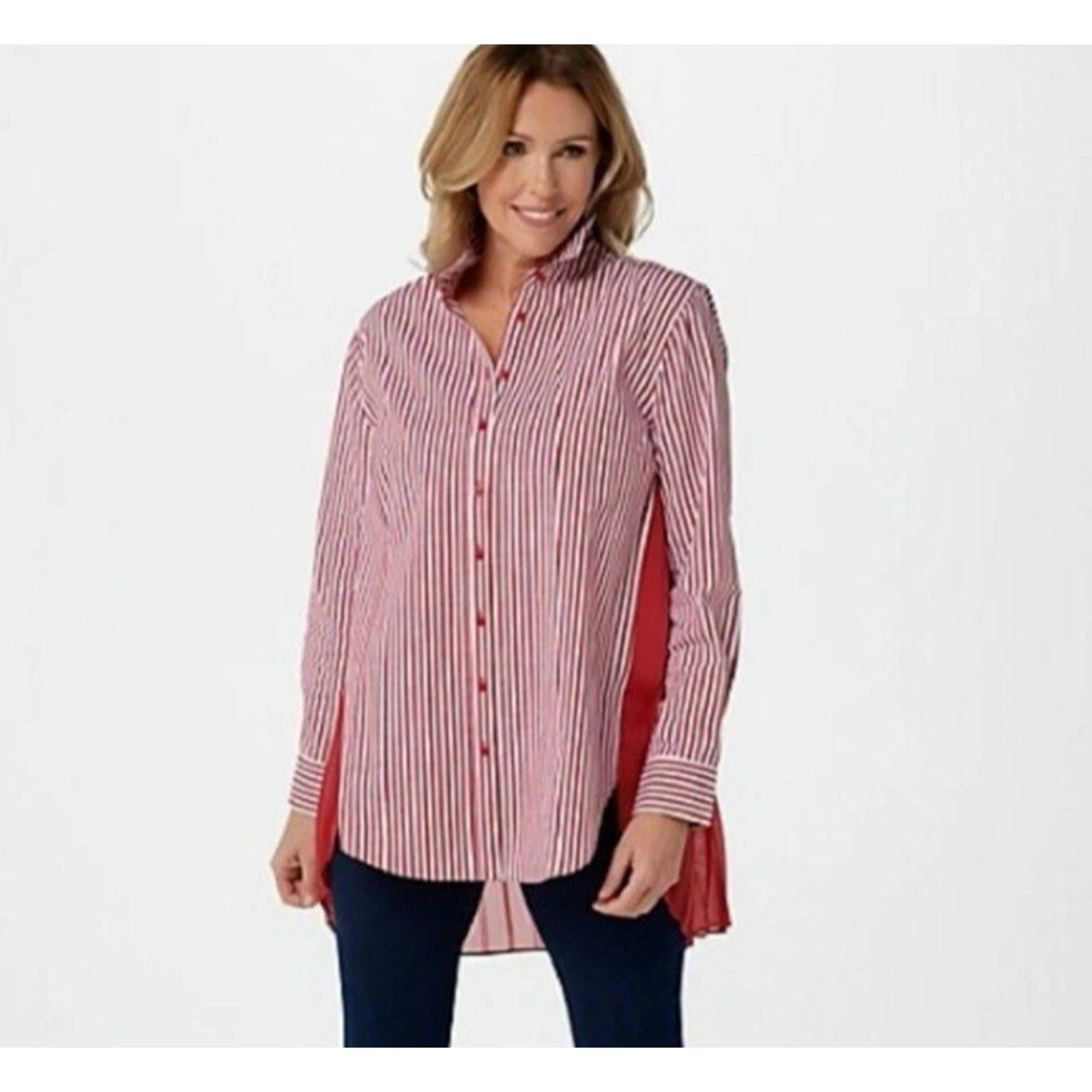 NWOT Striped Pleated Laurie Felt Button Up Tunic Shirt Medium Sheer Preppy