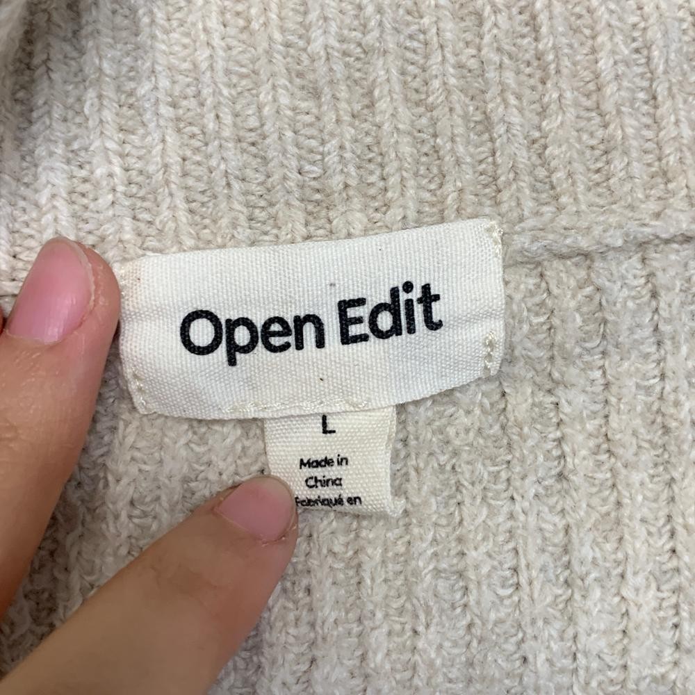 Open Edit Cropped Sweater Womens Large Beige Tight Knit Cotton V Neck Streetwear