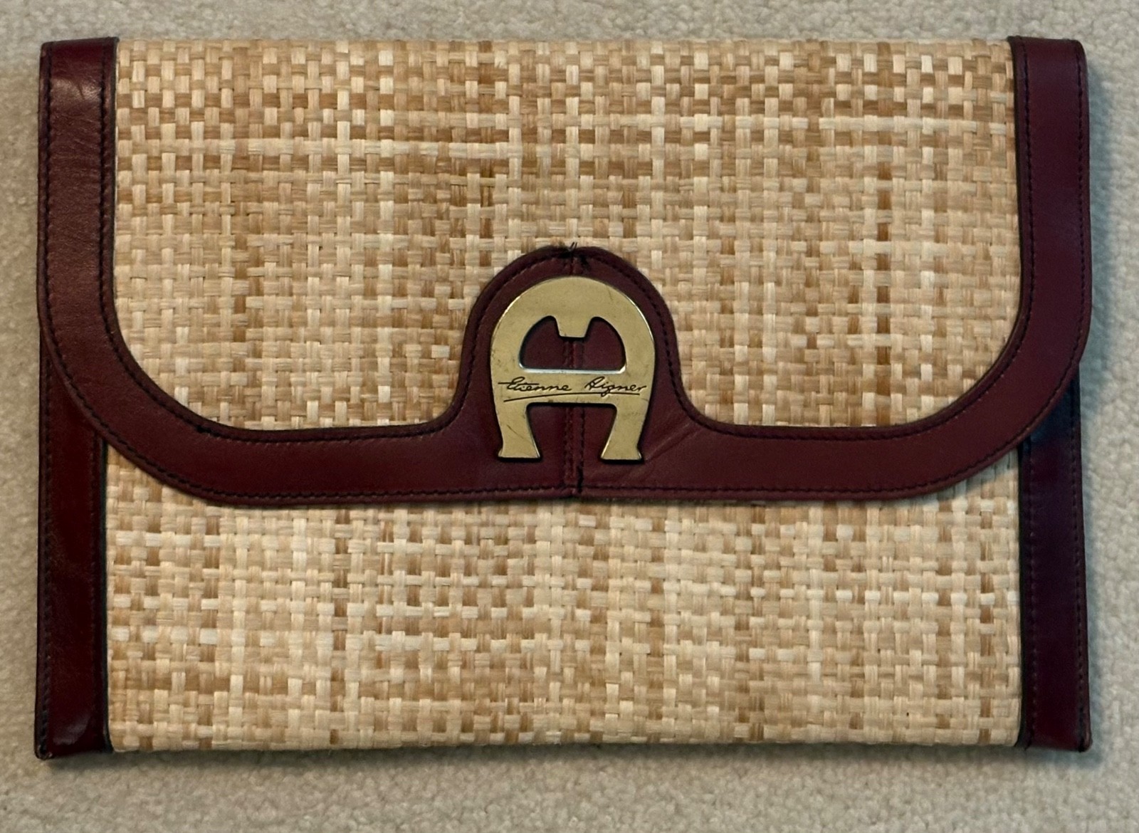 Vtg Etienne Aigner Envelope Clutch Purse Woven Straw w/Oxblood Leather Trim