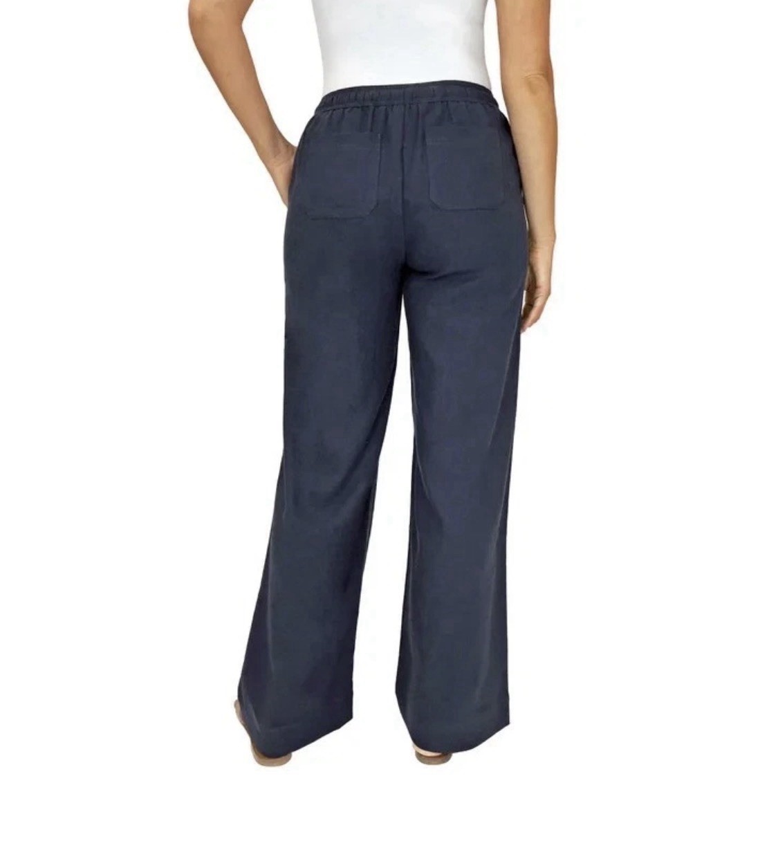 NEW Briggs Womens Navy Blue Linen Blend Wide Leg Drawstring Pants Small S
