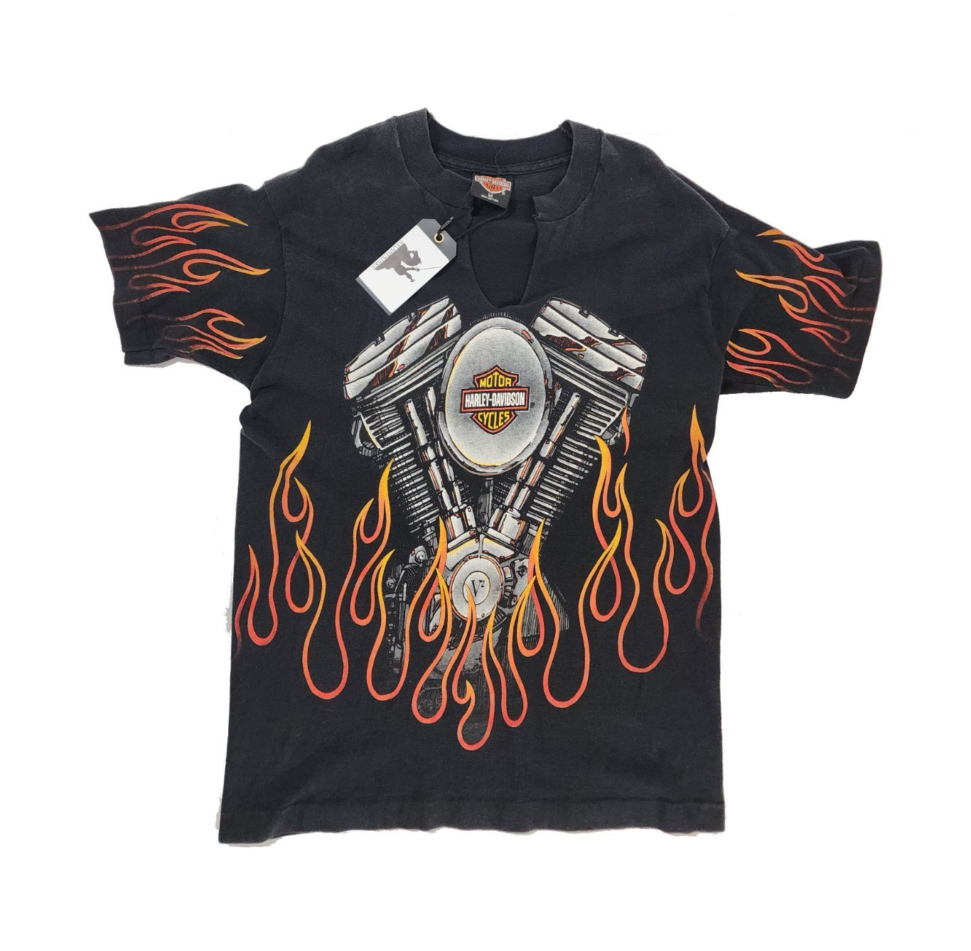 Vintage Y2K Harley Davidson V8 Flame Graphic Tee Rockstar Cut Front & Back