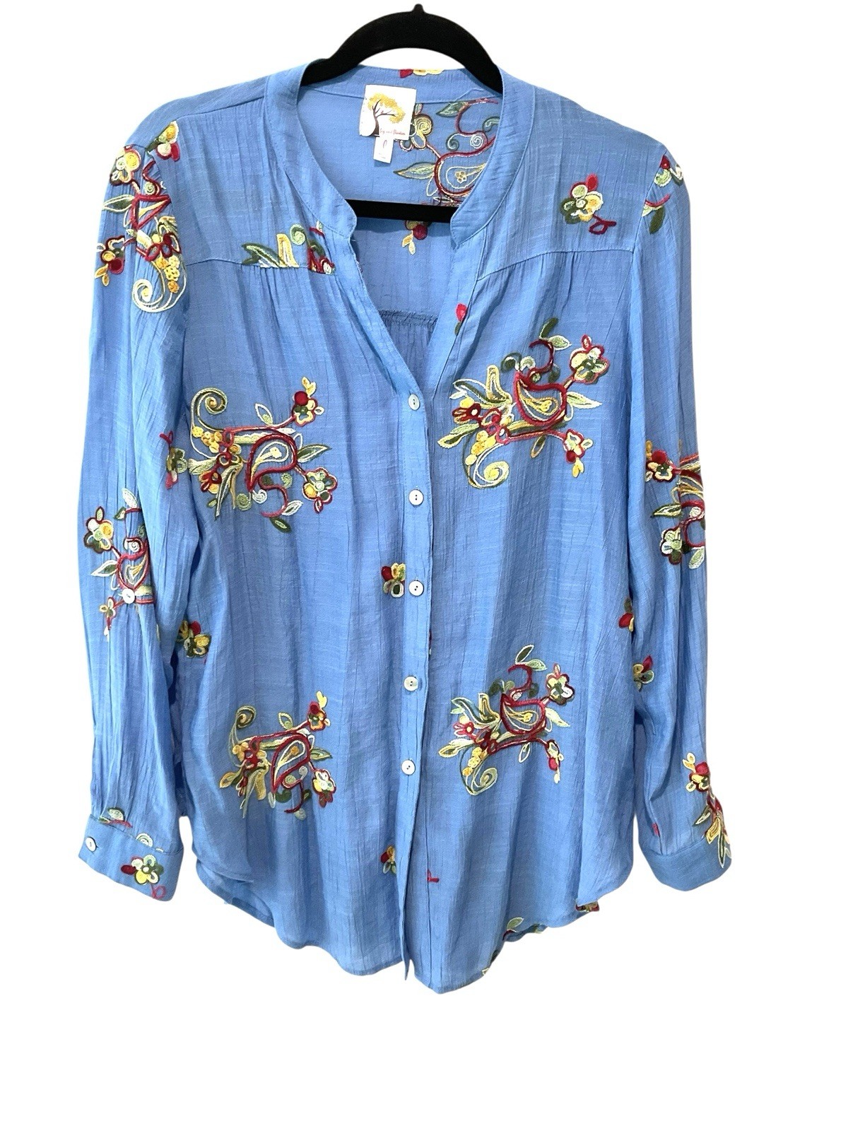 Fig & Flower Blue Floral Embroidered Boho Button Down Blouse Large