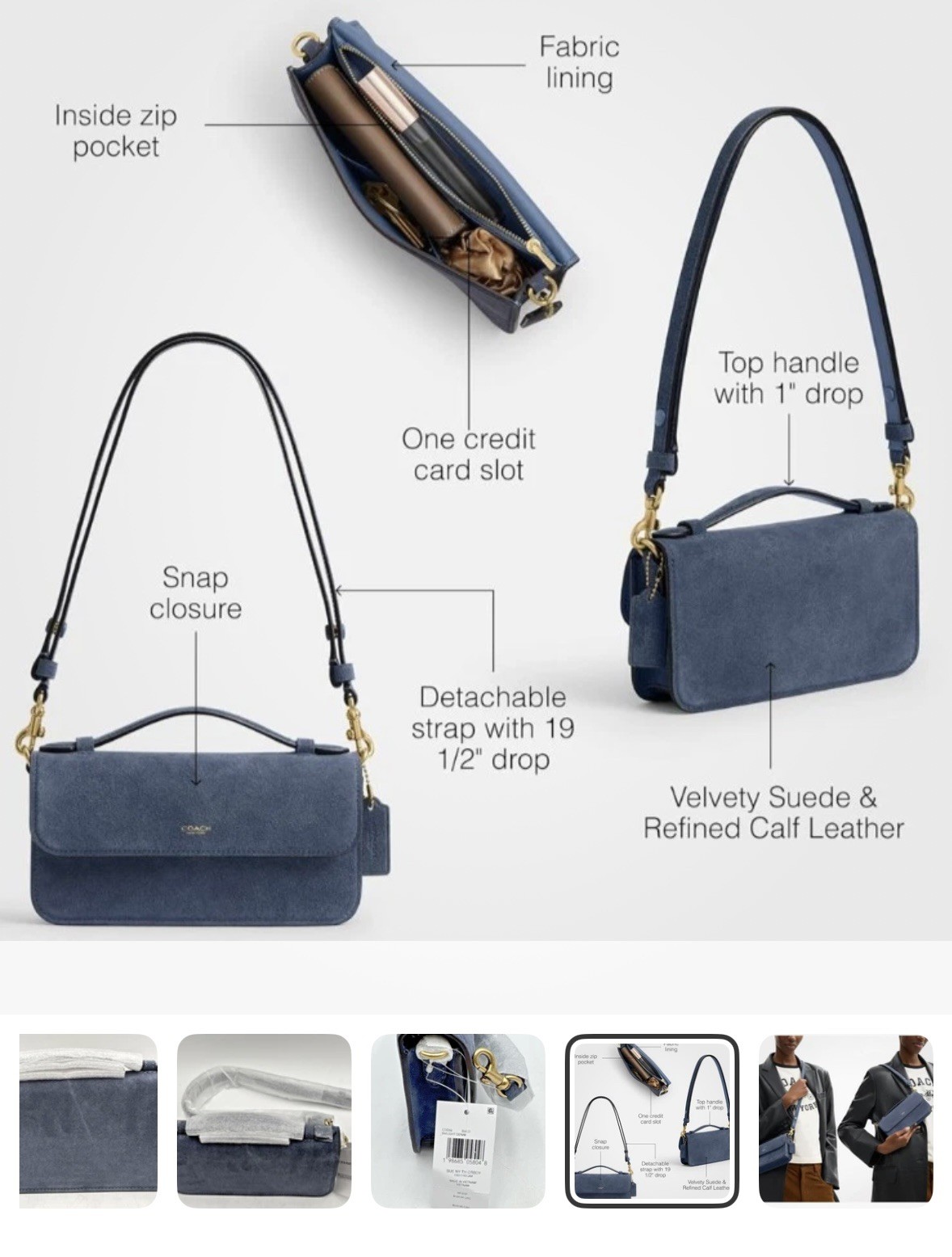 NIB Coach Elora Top Handle Crossbody Bag – Premium Suede Light Denim Color CDD59
