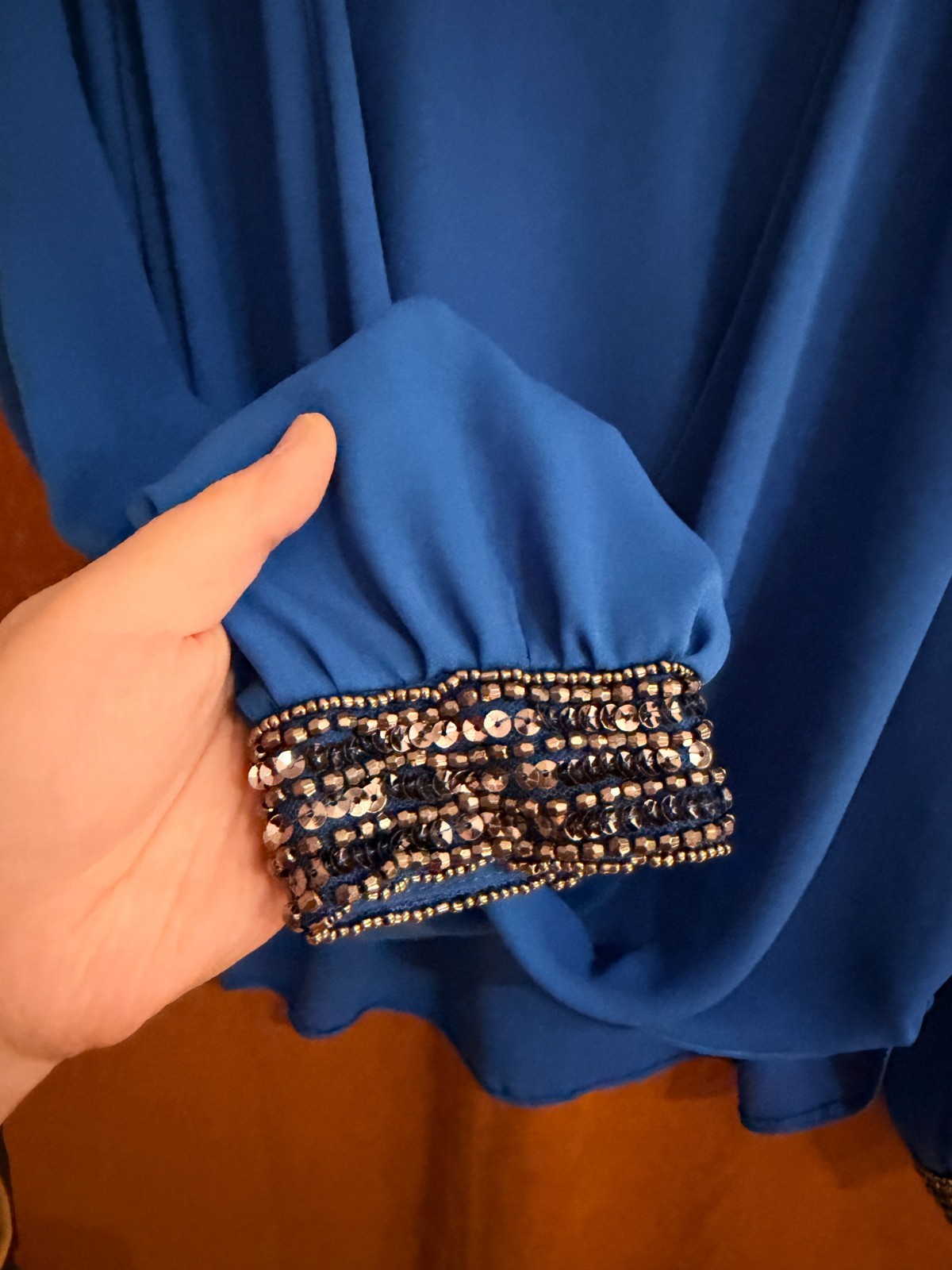 Wallis Petite Sky Blue Blouse UK 12 Embellished Sequin Cuff Wrap Front Smart Top