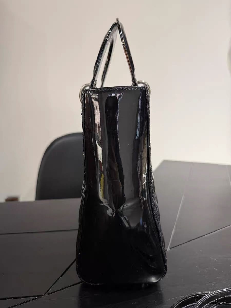 Authentic Christian Dior Black Patent Leather Lady Dior Bag