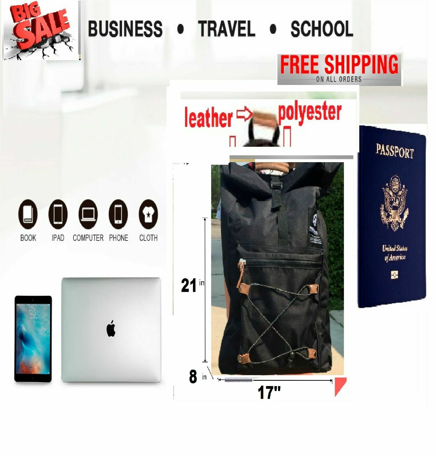 Clearance Sale BLACK backpack High School Travel Laptop Rucksack Zipper Bag NEW