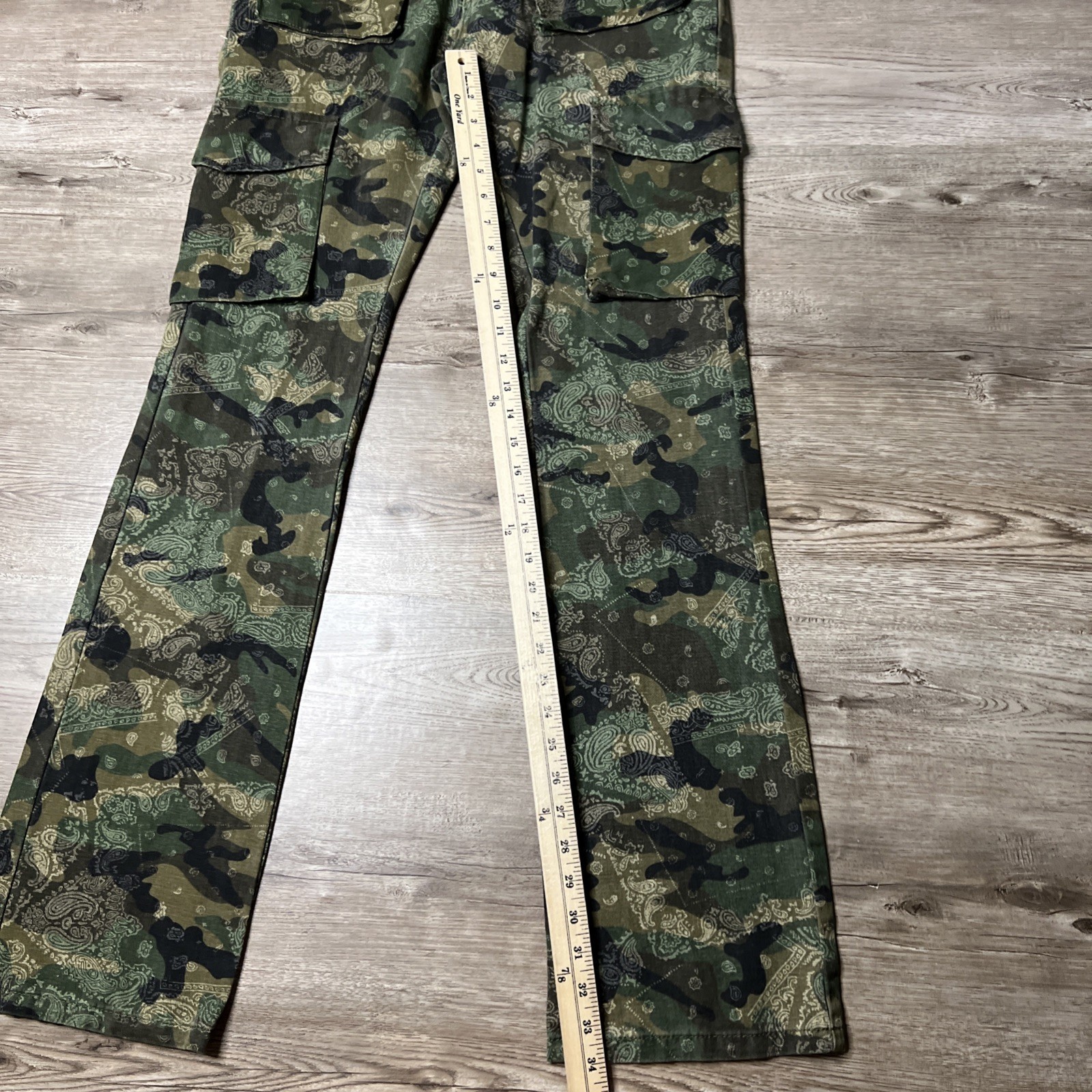BoohooMan Stacked Pants Mens 32 Camo Bandana Print Cargo Pocket Flare Leg NWT