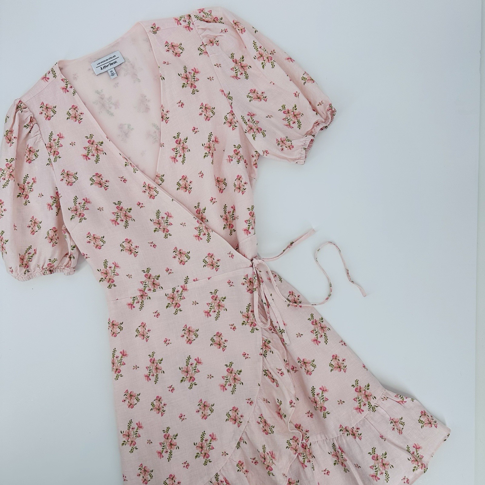 & Other Stories Linen Puff Sleeve Floral Wrap Mini Dress Women’s Size 6 Ruffles