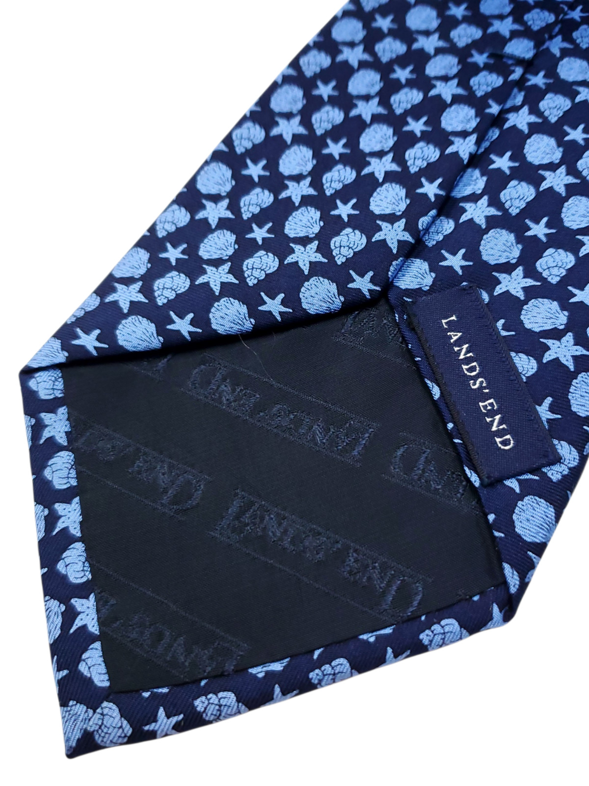 LANDS END Handmade 100% Silk Tie Men’s Navy Blue Seashells Starfish Necktie NEW