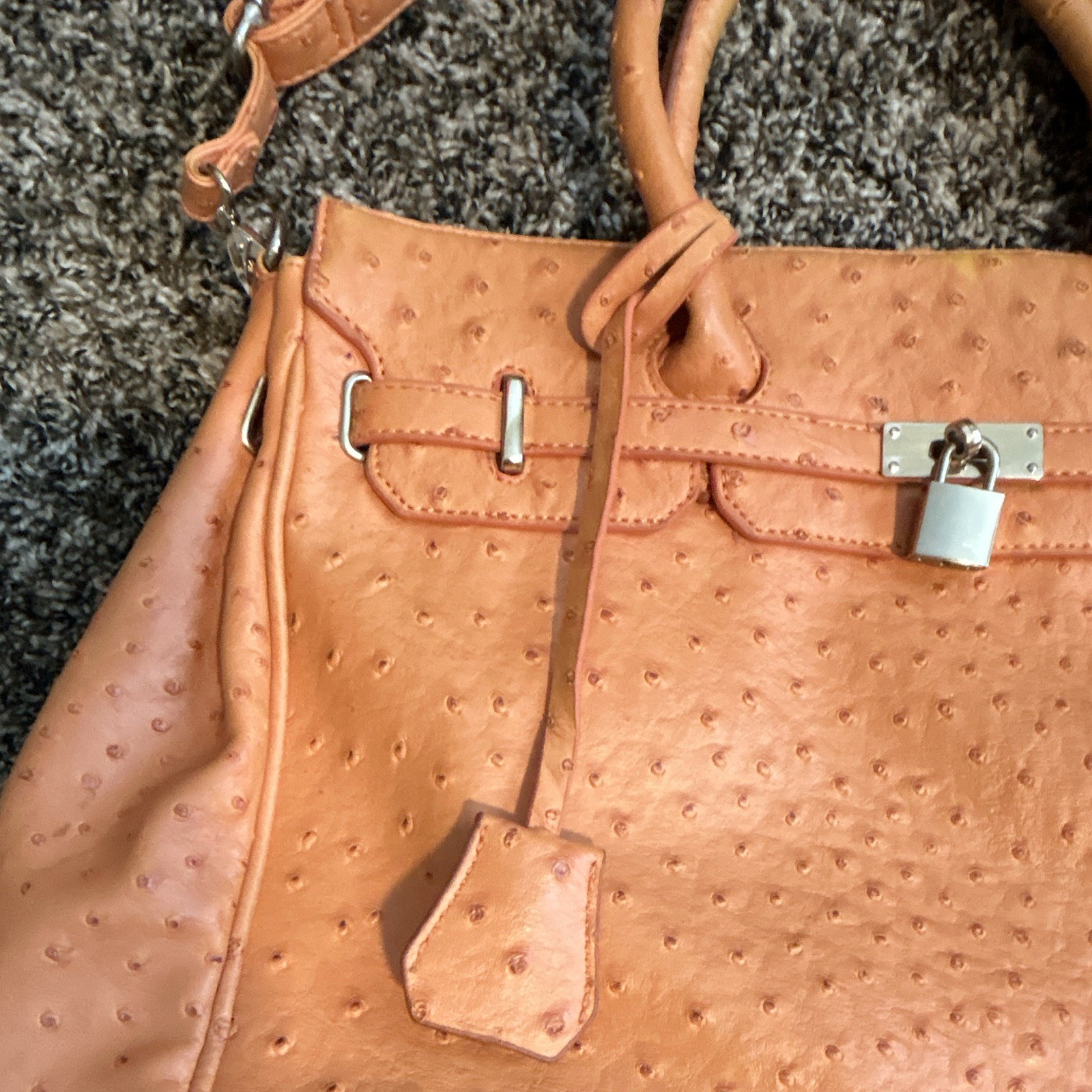 Ostrich Embossed Tan Large Satchel Top Handle, Detachable Strap, Zip/Lock