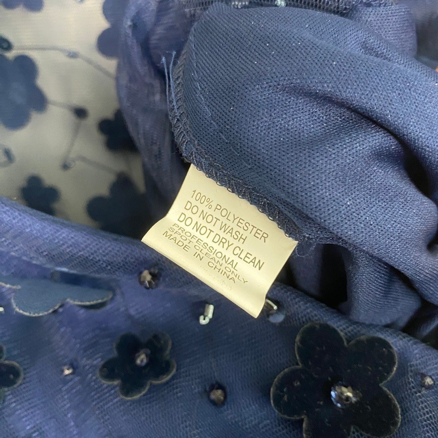 Mac Duggal 3D Floral Beaded Cocktail Dress Womens 18 Navy Blue Velvet Sheer