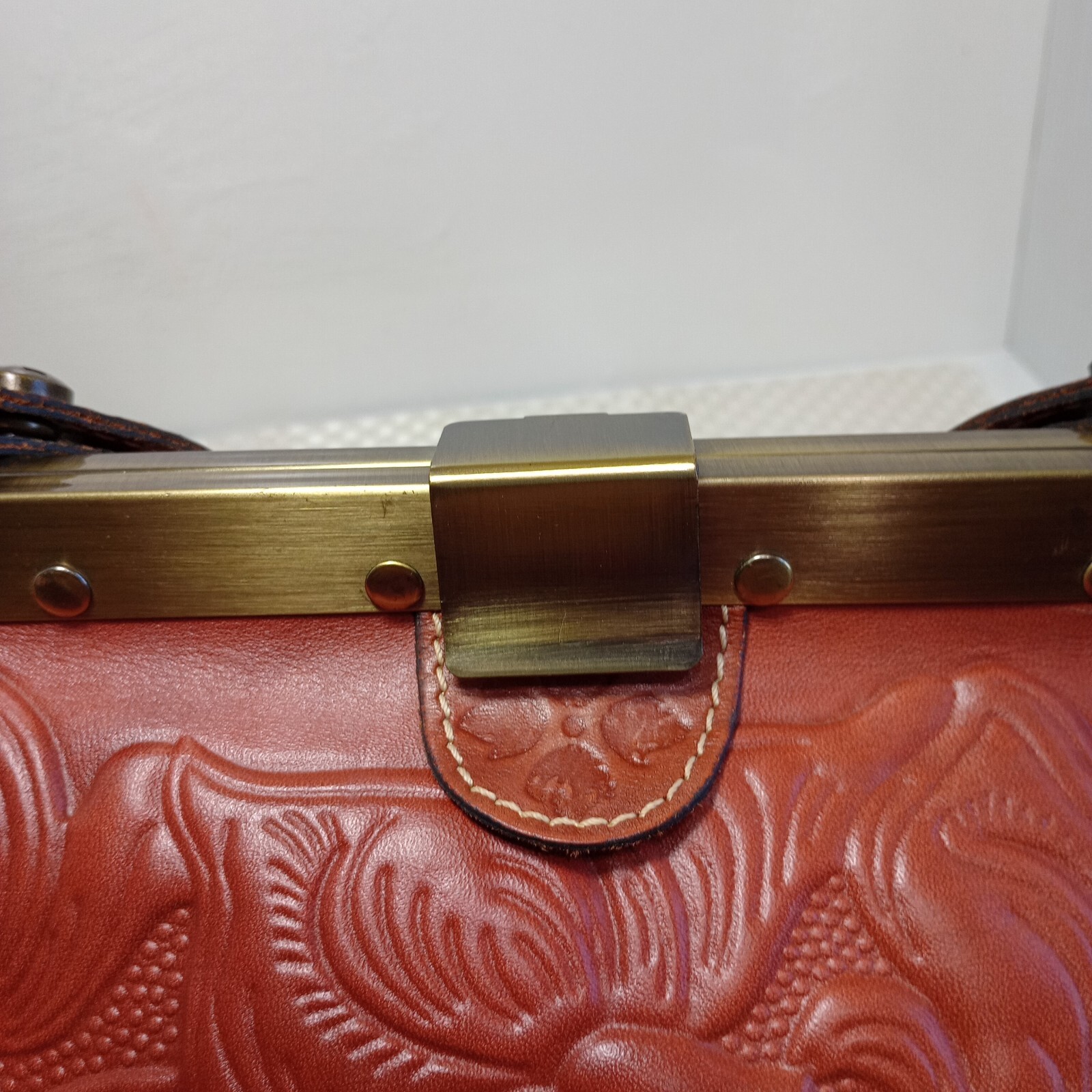 Patricia Nash Floral Embossed Cognac Leather bag Medium Brass Bottom Studs EUC