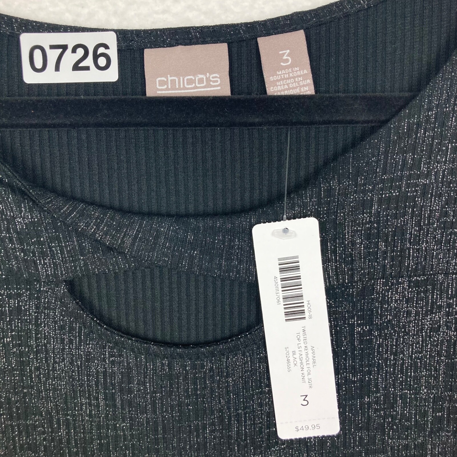 Chico’s Black Twisted Keyhole Foil 3QTR Top LS Fashion Knit Size 3