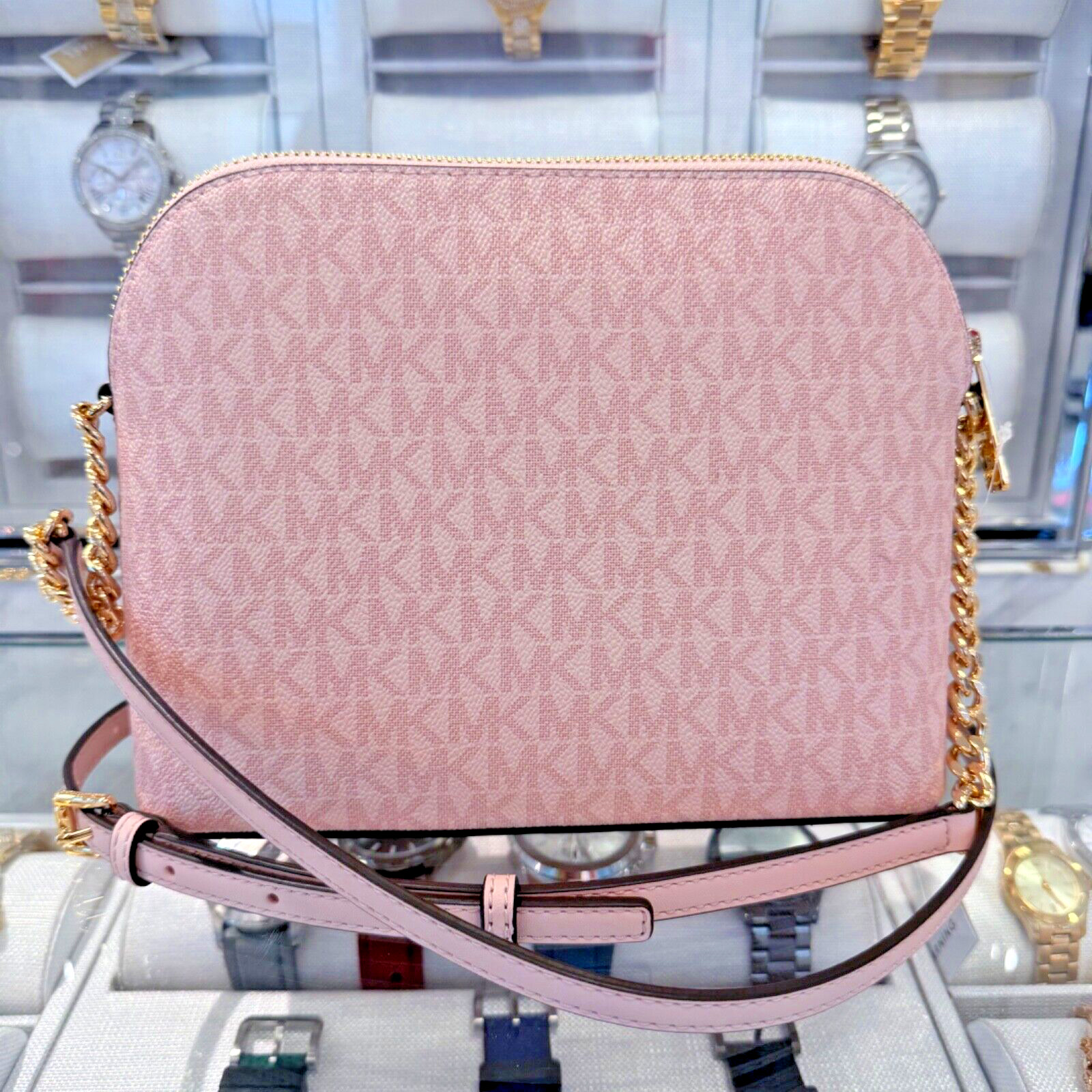 Michael Kors Jet Set Travel MD Dome Crossbody Bag MK Signature Rose Powder Multi