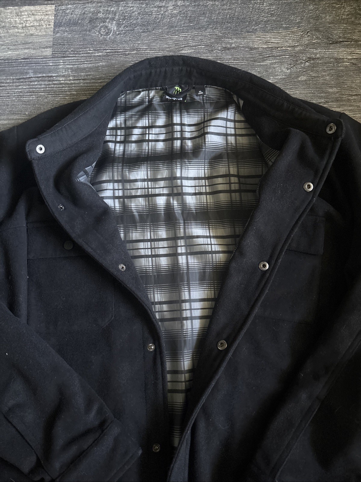 Monster Energy Embroidered Mens XL DayBreak Black 40% WOOL Snap Jacket Shacket