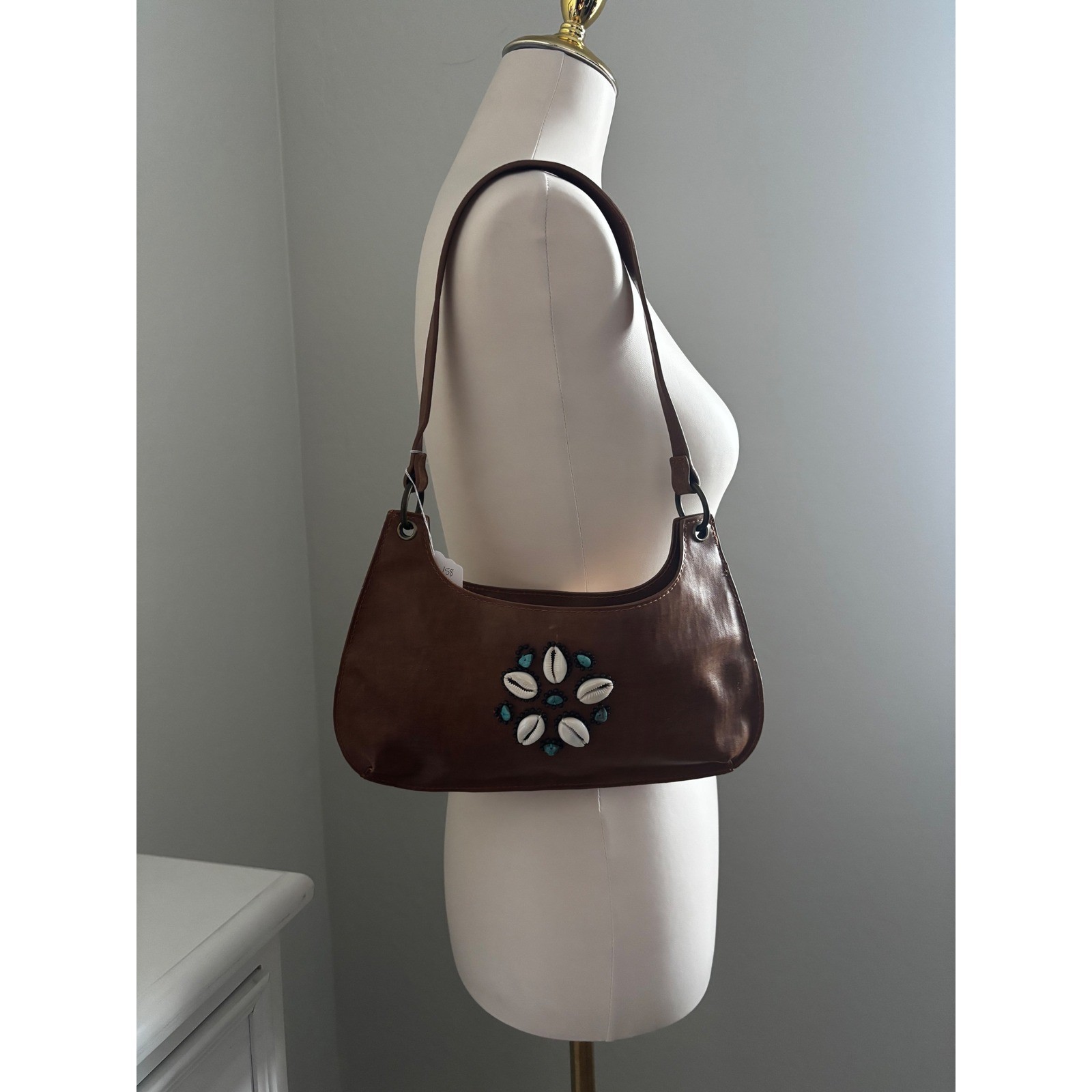 Steve Madden Brown Boho Cowrie Shell Turquoise Beaded Shoulder Bag Hobo Vintage