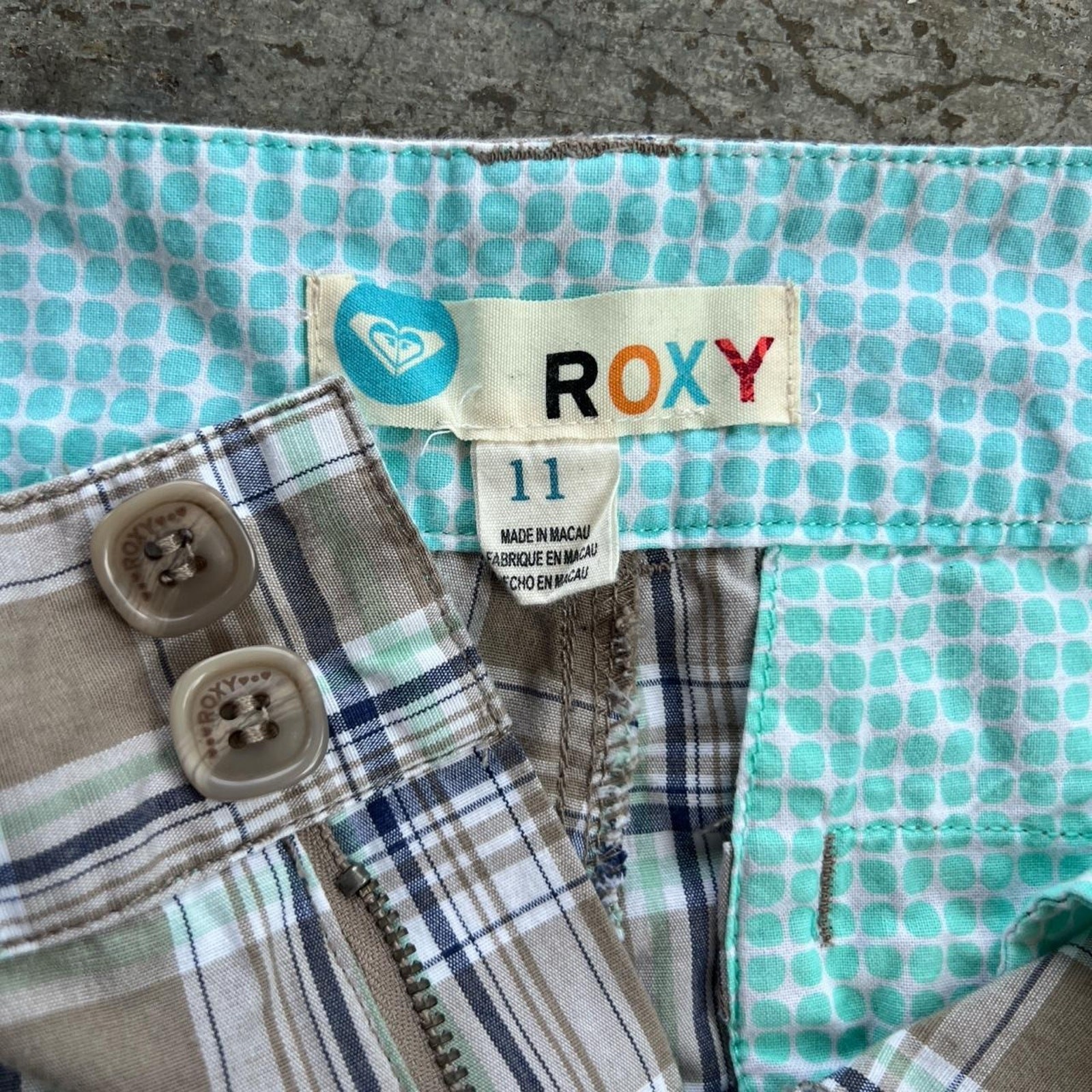 Roxy Y2K Plaid Bermuda Shorts Women Size 11 Brown Mint Green Long Skater Surf