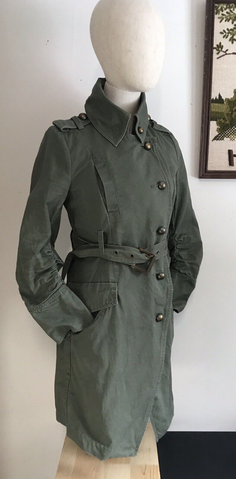Kut From The Kloth Green Canvas Belted Trench Coat Women’s Small Buttons READ