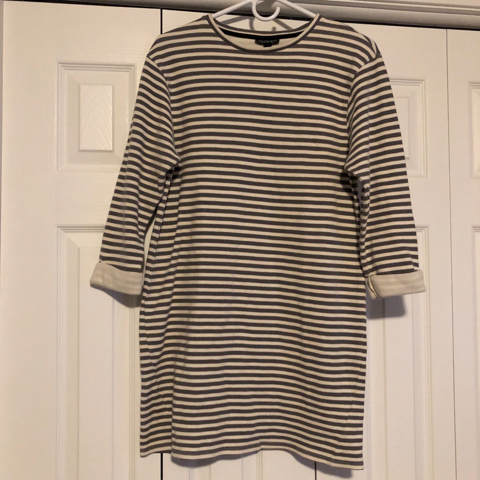 TOPSHOP Women’s Gray White Striped Sheath Shift Dress Sz US 8 City Preppy Casual