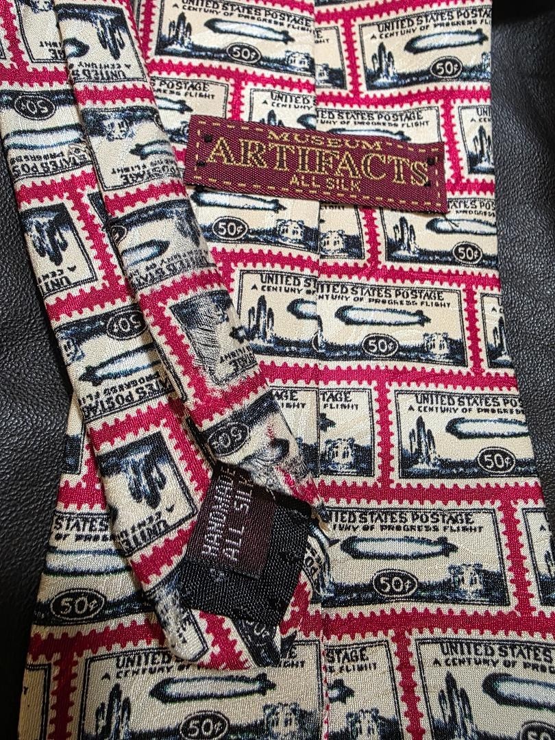 Vintage Museum Artifacts Neck Tie Silk 50 Cent Stamp Century of Progress Flight