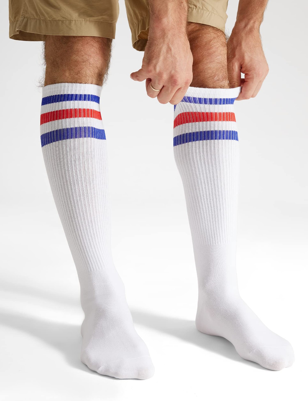 Joulli Men’s White Knee High Retro Striped Tube Over the Calf Socks 1 Pair