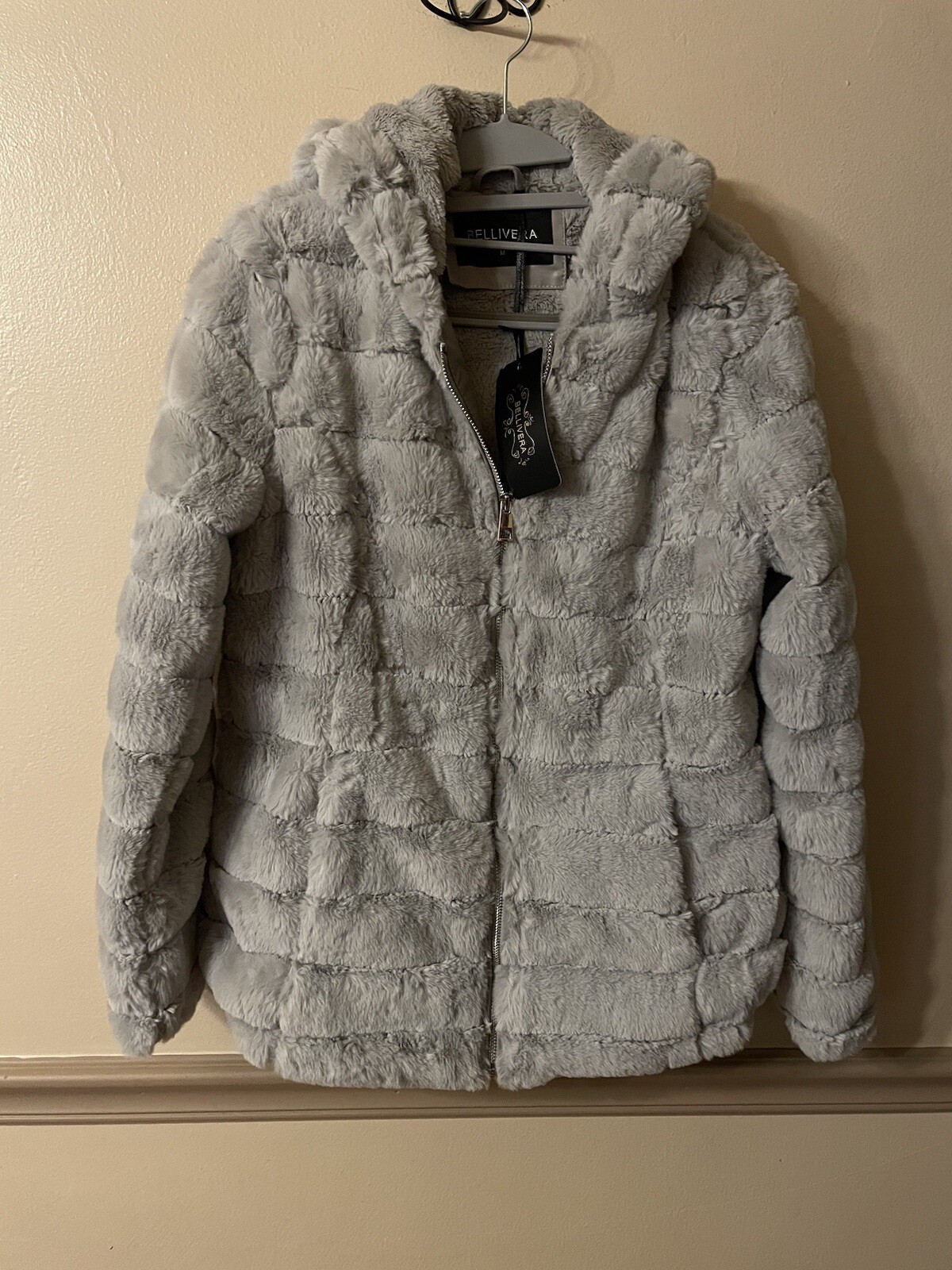 Bellivera Faux Fur Coat Shearling Fluffy Fuzzy Sherpa-Lined Size M Gray