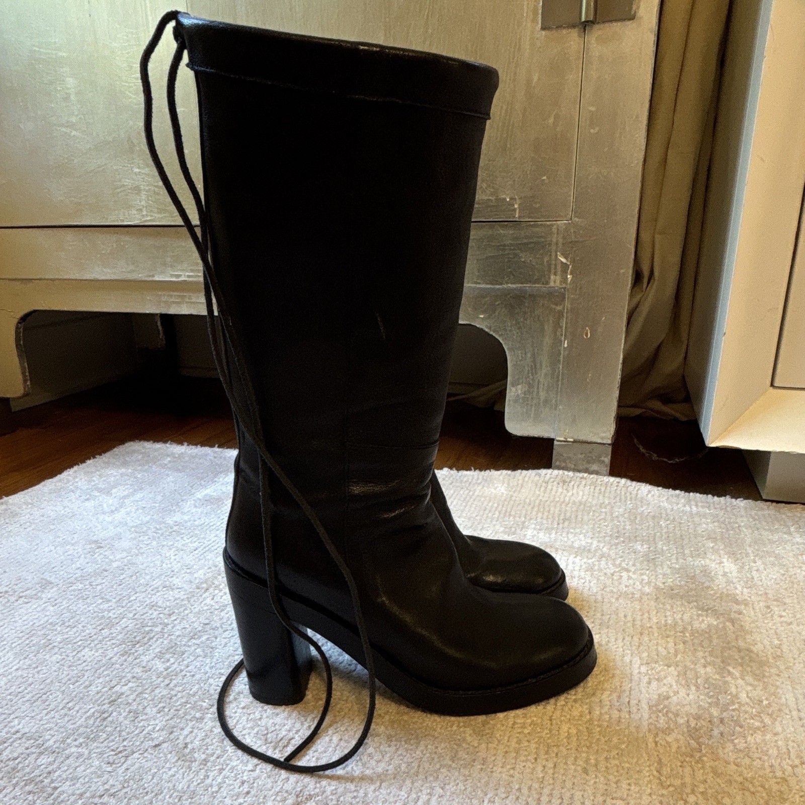 Ann Demeulemeester Women’s Black Leather Knee High Boots Lace-Up Zipper 9