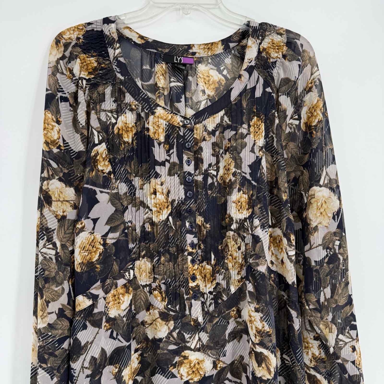Lysse Black Floral Top Plus Size 2X Womens Semi sheer Blouse Long Sleeves
