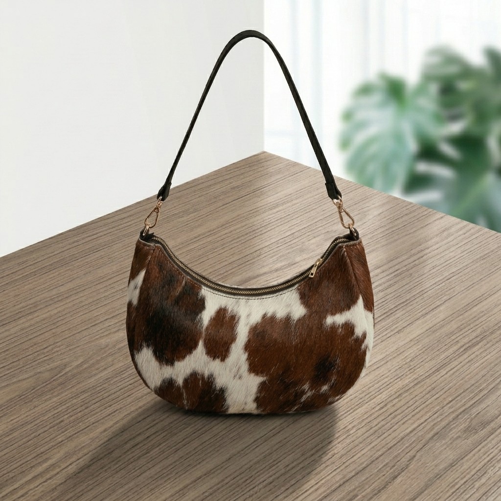 Genuine Cowhide Leather Tote Bag Hair-On Brown White Shoulder Handbag Western