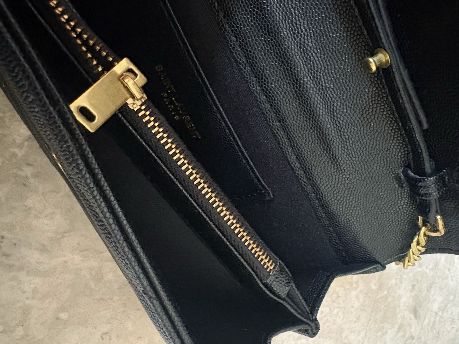 Cassandre Envelope Chain Wallet In Black and Grain de Poudre Leather Women’s