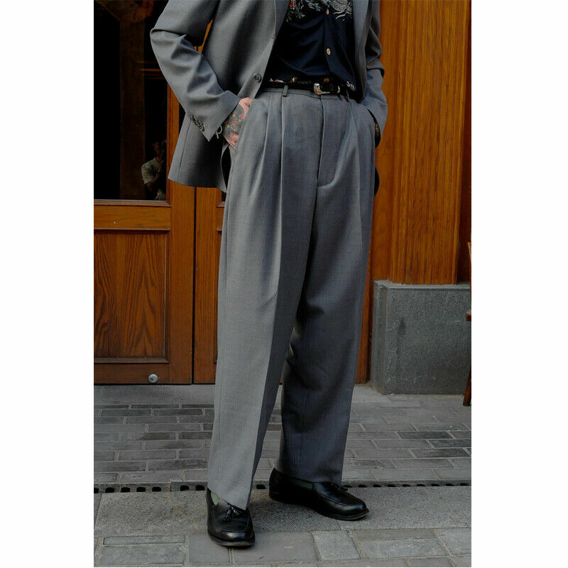 Women Mens Vintage Classic Loose Wide Leg Trousers Straight Pleated Pants Gentle