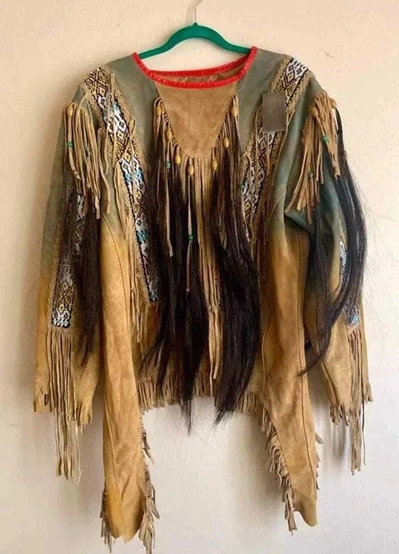 Men Native Americans Western Style Suede Leather Warrior Shirt Fringes & Beaded