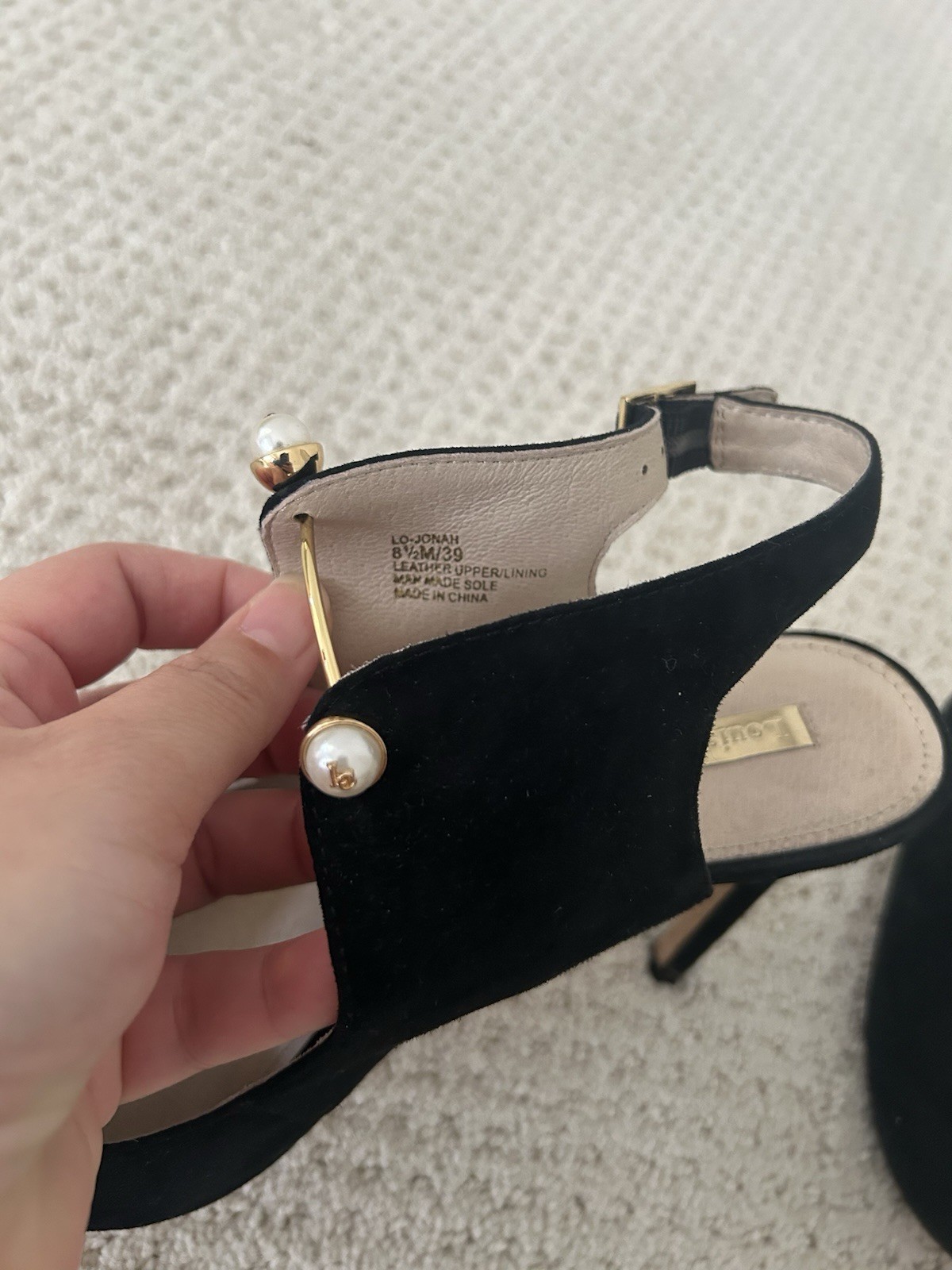 Louise et Cie Black Suede Leather Pointed-Toe Slingback Heels with Pearl, 8.5/39