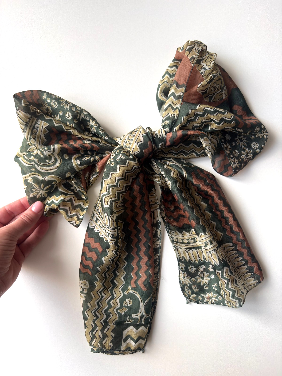 Vintage Silk Scarf Green Abstract Boho Ethnic Floral Designer Luxury Wrap, 34