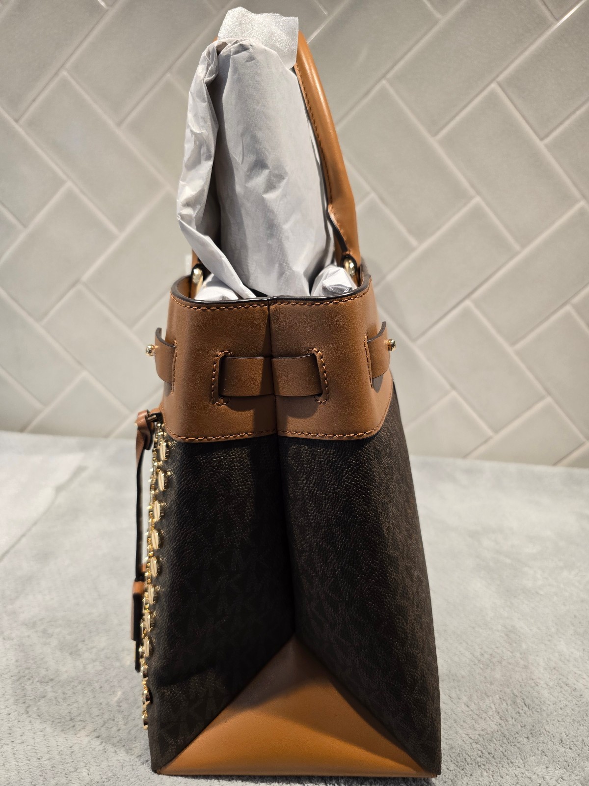 NWT Michael Michael Kors Gramercy Tan Leather/MK Logo Satchel w/ Nailhead Studs