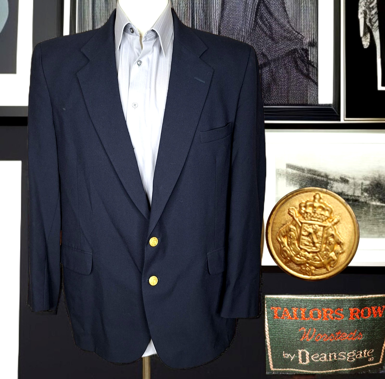 Deansgate Blazer Sport Coat Mens 46R Navy with Gold Buttons Wool