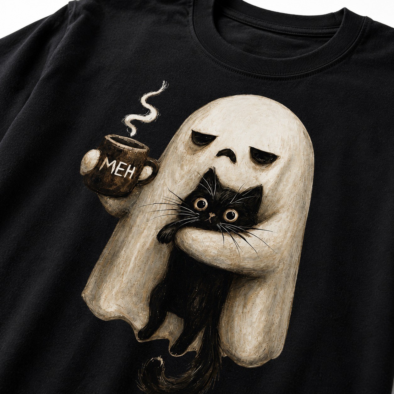 Retro Funny Boojee Ghost Holding Black Cat Cozy Hot Latte T-Shirt