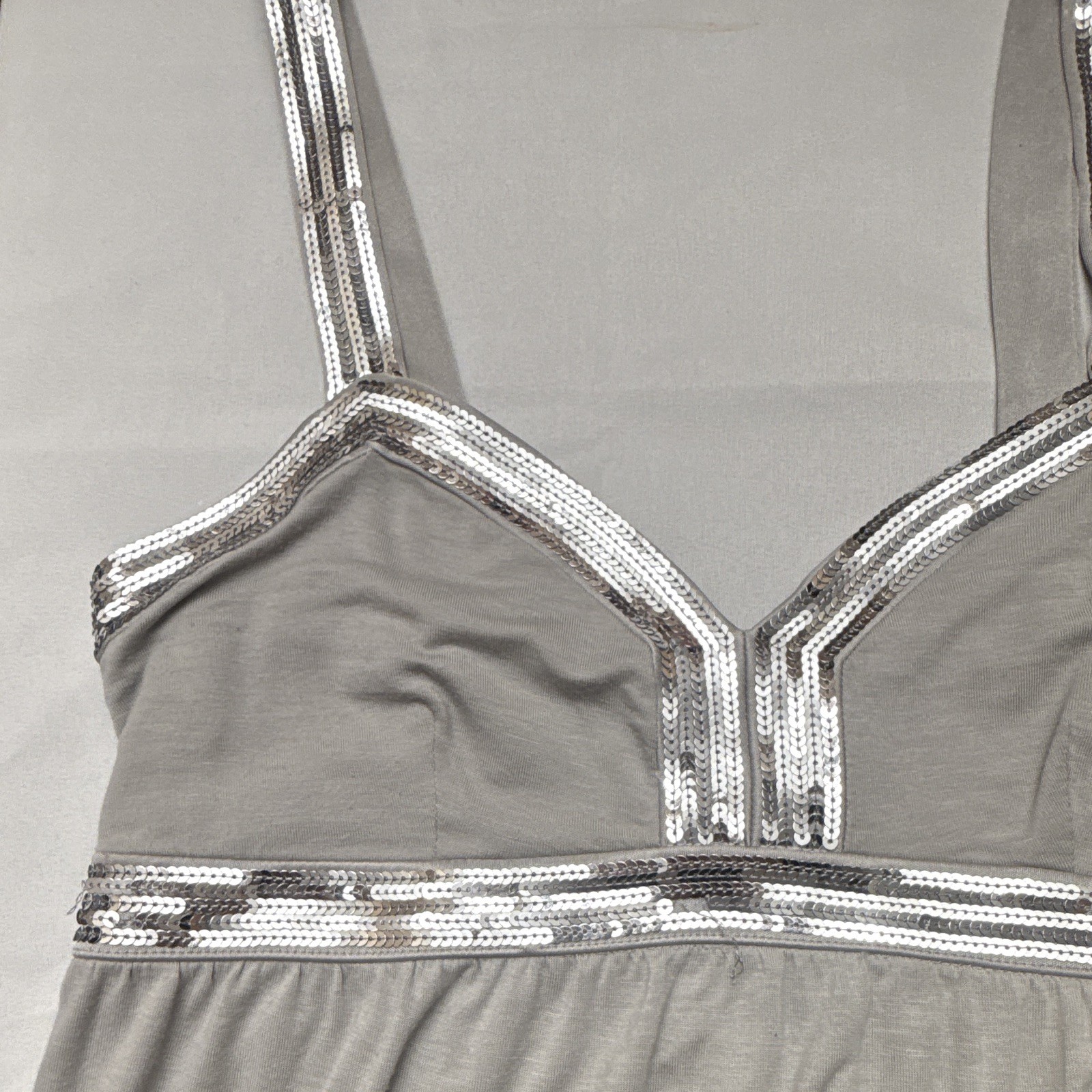 Women’s Solid Gray Camisole Size S Stretch Spaghetti Straps Silver Sequin Trim