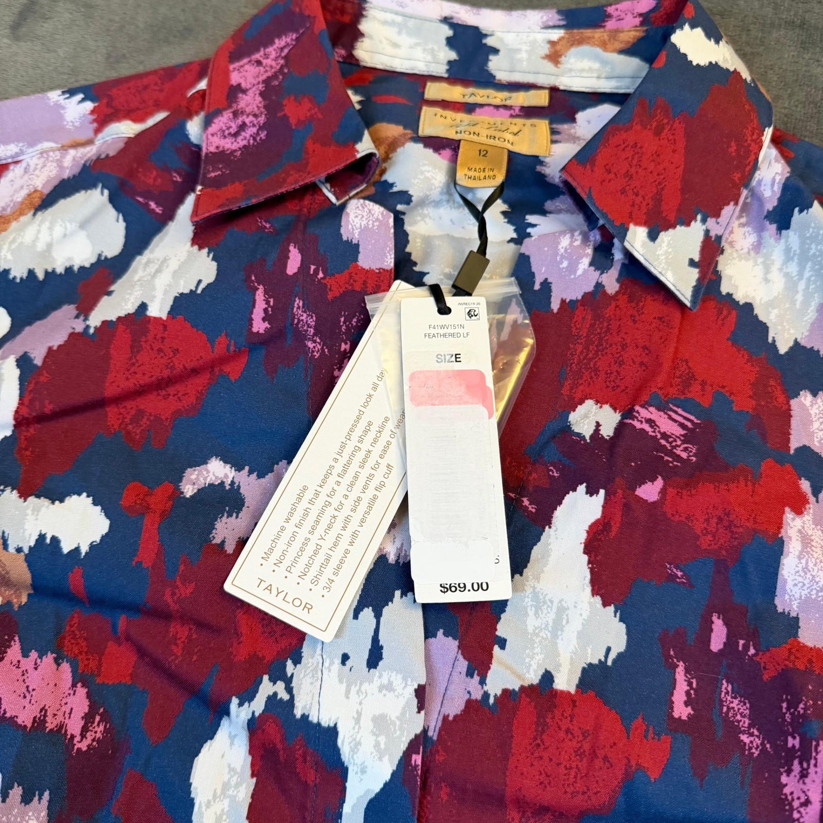 Investments Taylor Blouse Womens Size 12 Multicolor Non Iron 3/4 Sleeve Abstract