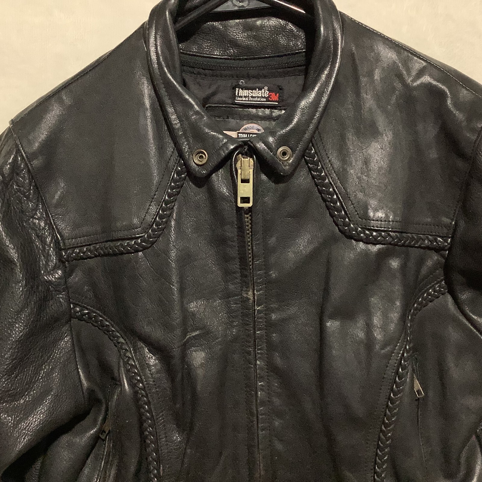 VTG RARE Trim Leather Jacket Braid Thinsulate Heavy Motorcycle Biker Liner 90s L