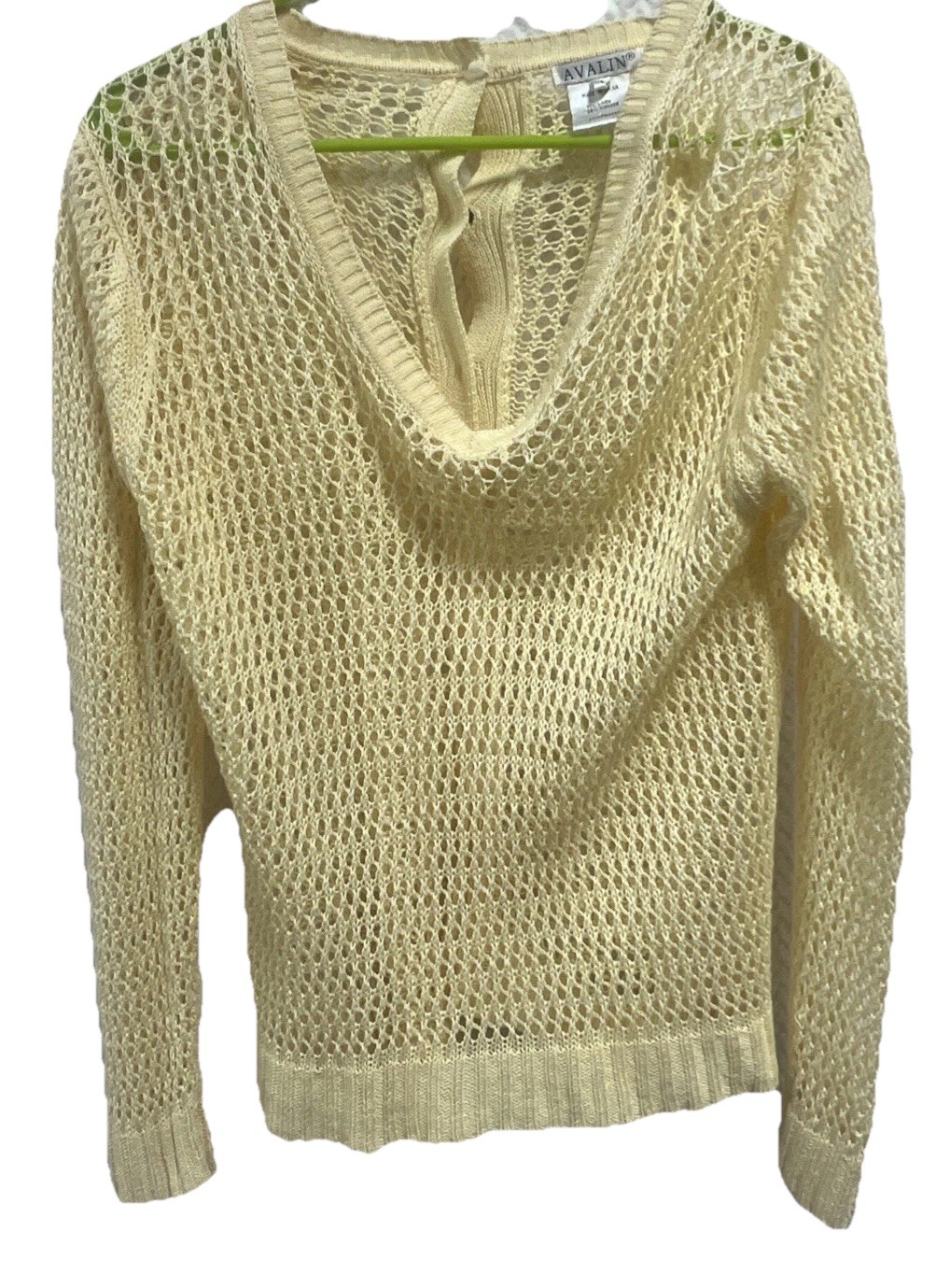Avalin Yellow Open Weave Mesh Sweater Linen Blend Button Back Boho Coastal L