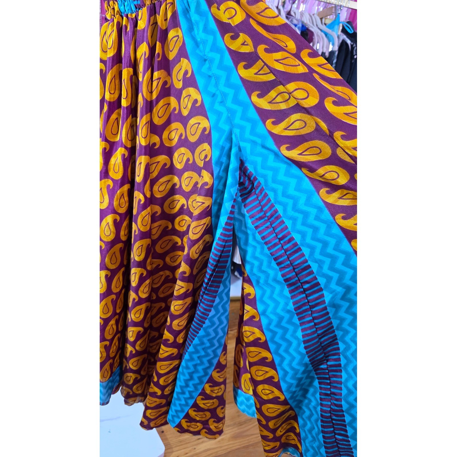 Vintage 100% Silk Wide Leg Paisley Pants Smocked Waist Purple Turquoise OS
