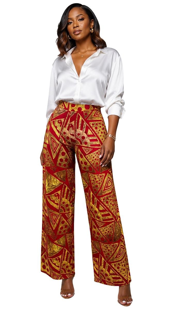 Red & Gold Geometric Wide-Leg Pants