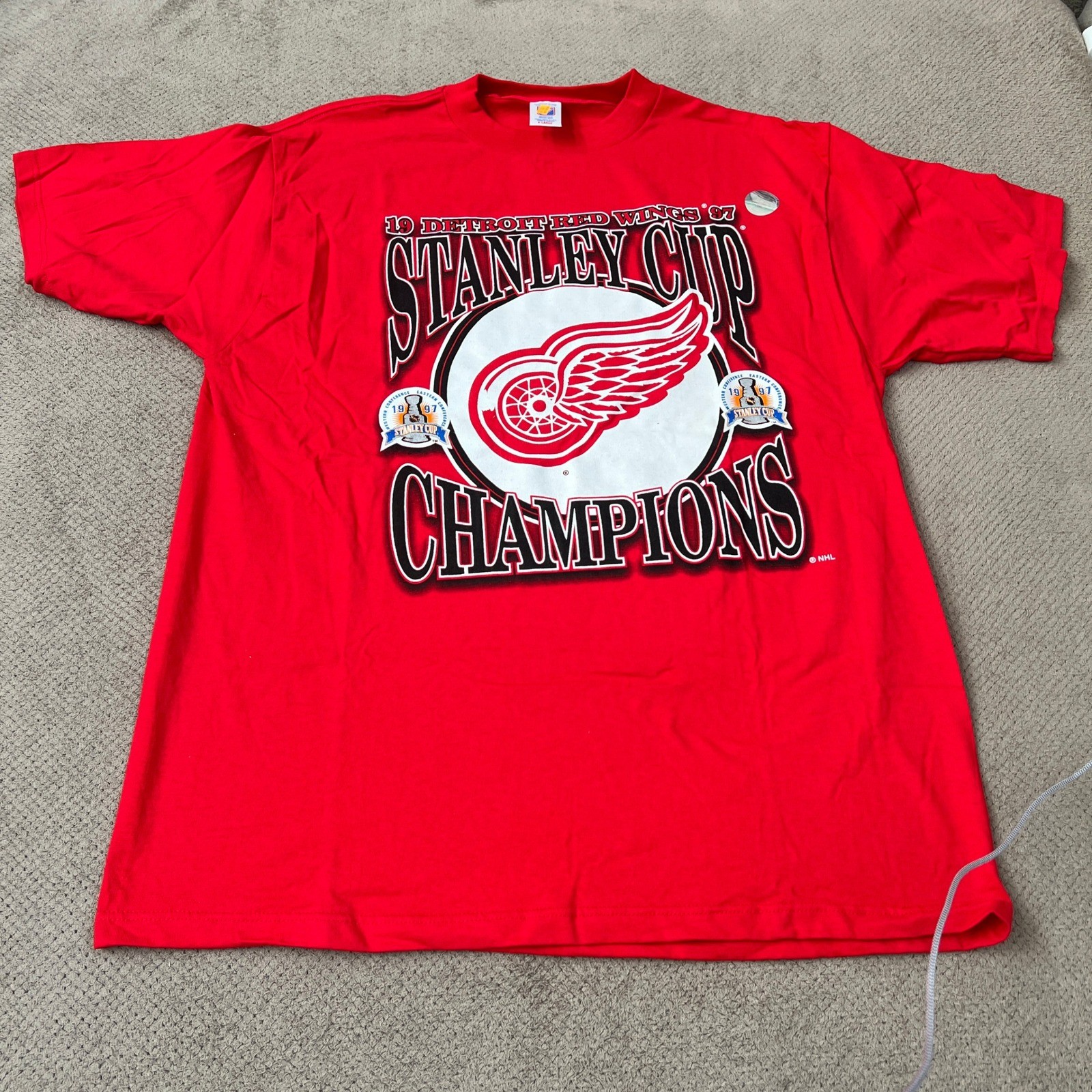 Vintage 1997 Detroit Red Wings Stanley Cup Champions T-Shirt Red Logo 7 XL NHL