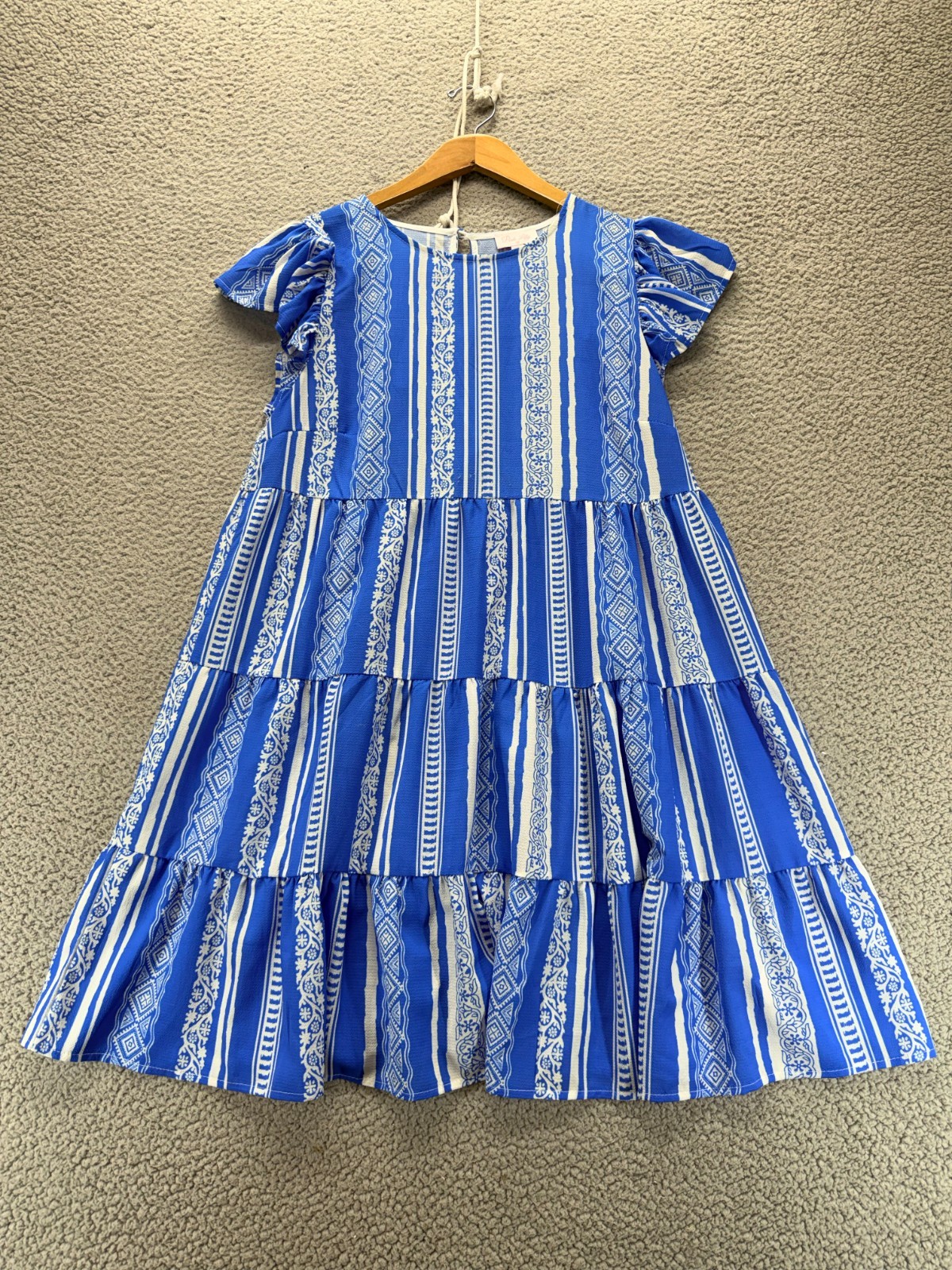Pink Lily Blue White Boho Geometric Tiered Ruffle Sleeve Mini Dress Size Medium