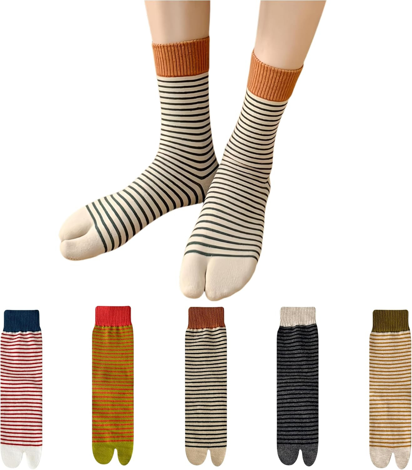 5 Pairs Colorful Striped Flip Flops Socks for Women Cotton Casual Tabi Socks for