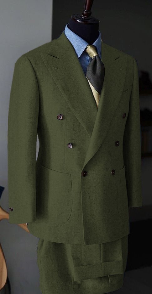 Double Breasted Linen Men’s Suits 2PCS Peak Lapel Wedding Groom Blazer Tuxedos